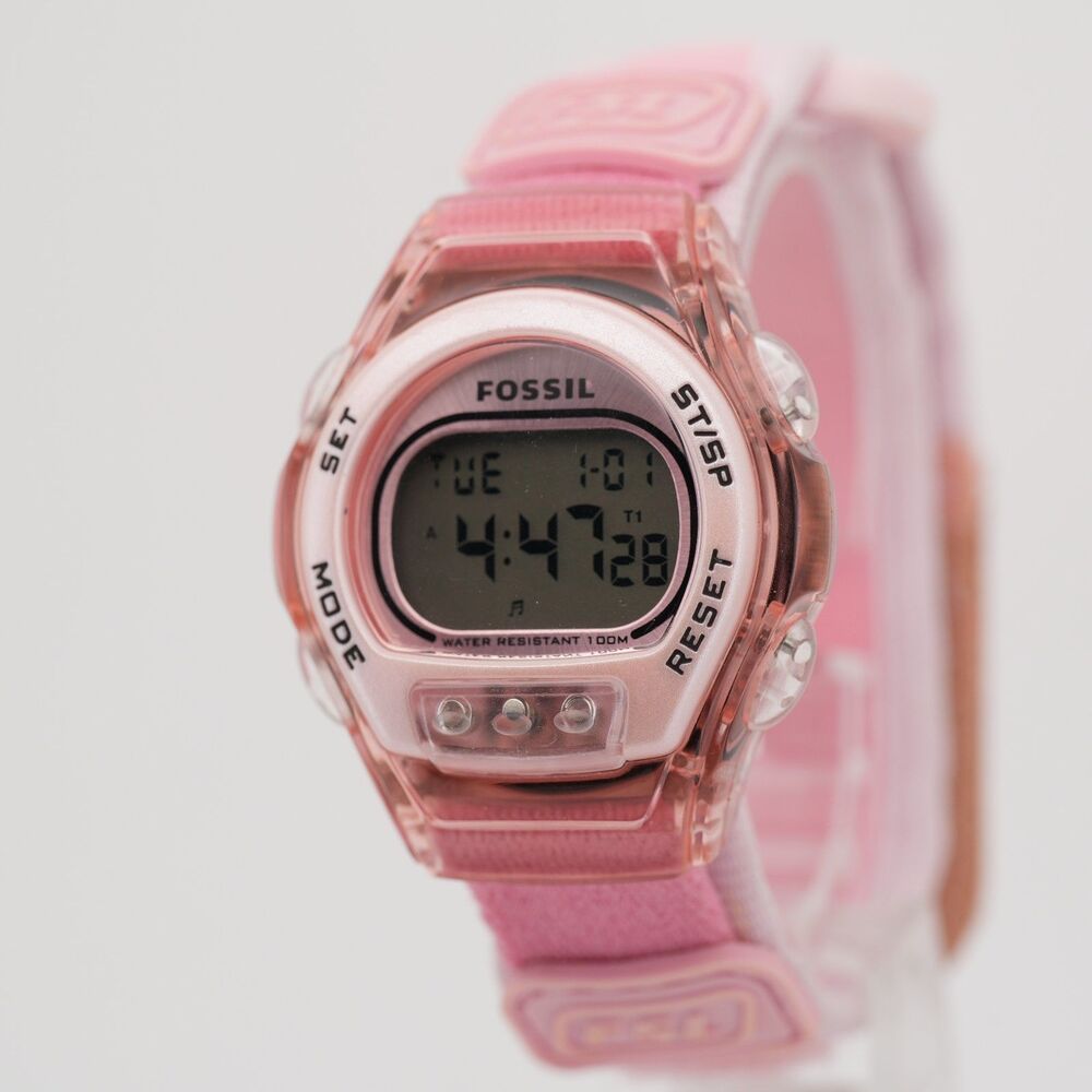 Vintage Fossil FSL DQ-1136 36mm Pink Digital Sport Watch Velcro Strap New Batt